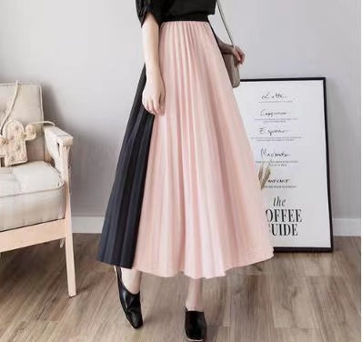 Spring/summer skirt, new style, high waist, contrasting colors, patchwork, long A-line skirt, pleated skirt  3668