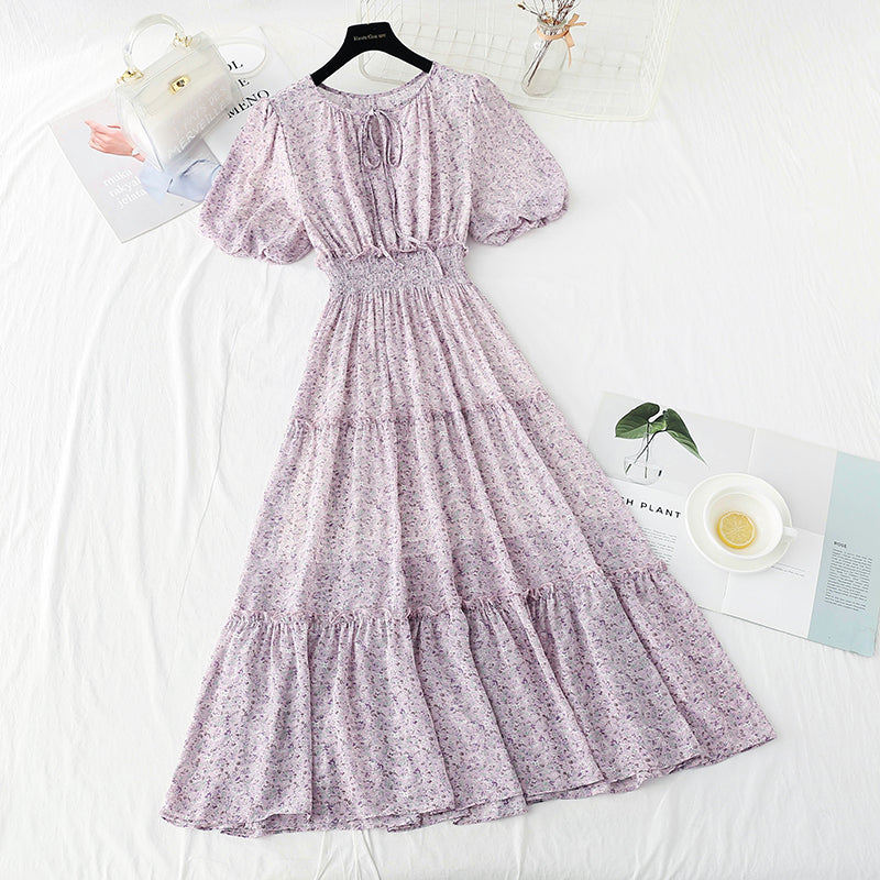 Gentle wind floral dress sweet fairy skirt bubble sleeve A-line skirt  4894