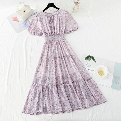 Gentle wind floral dress sweet fairy skirt bubble sleeve A-line skirt  4894