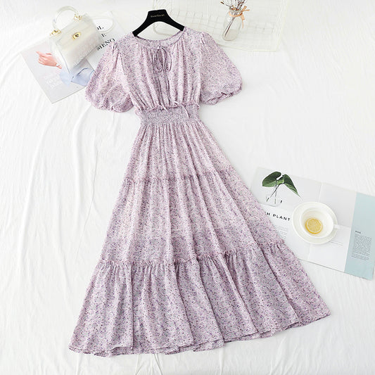 Gentle wind floral dress sweet fairy skirt bubble sleeve A-line skirt  4894