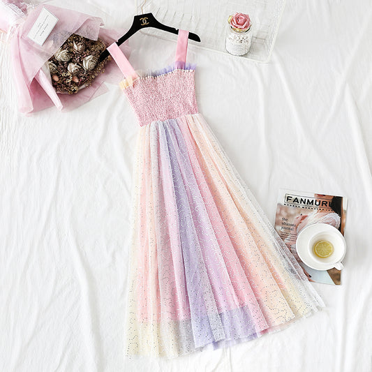 Rainbow seven color suspender dress  4299
