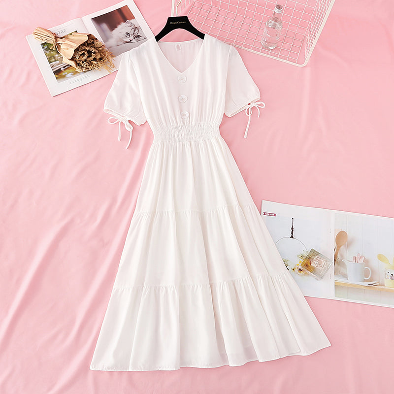 New French fairy long skirt V Neck waist long skirt retro cool style  4637