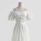 French off shoulder suspender cotton linen dress  4293