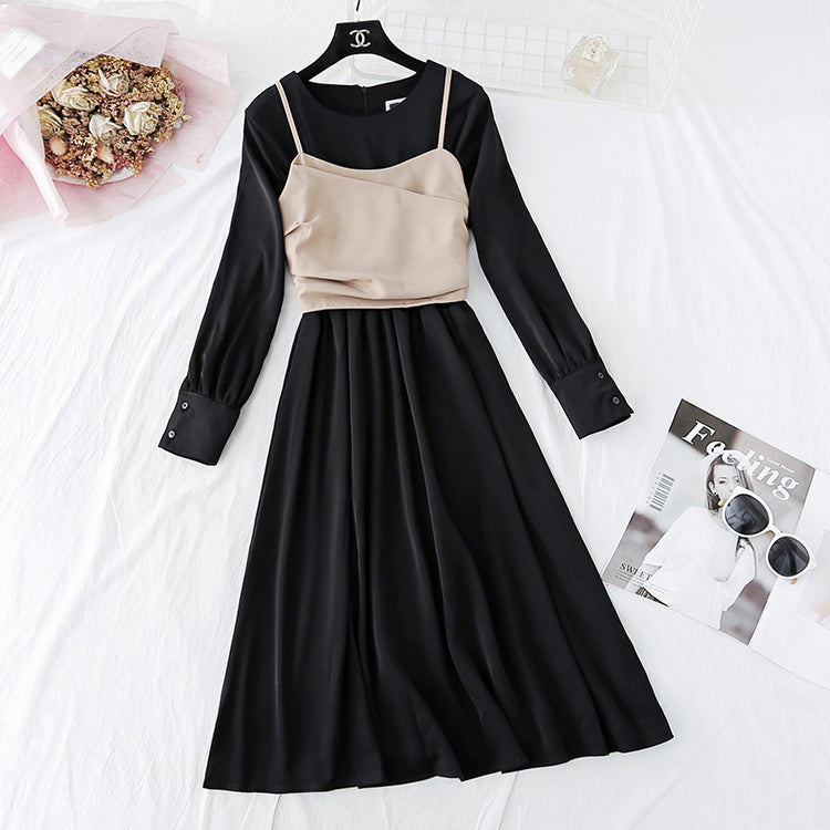 Chiffon Dress + suspender vest two piece suit  4035