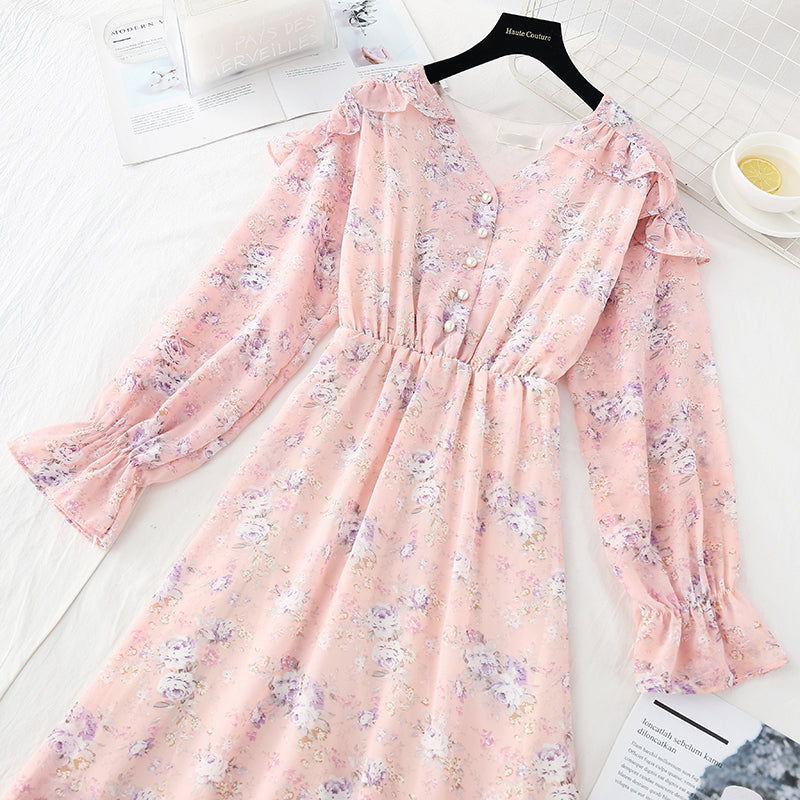 Robe rétro française à manches longues en mousseline de soie 3833