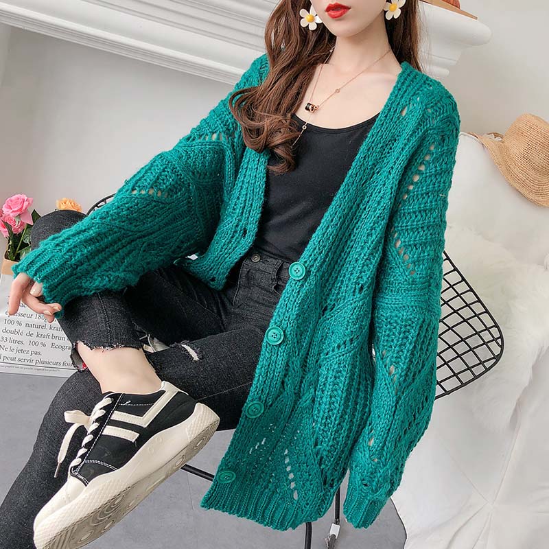 Medium length lazy wind thick sweater cardigan women 5266