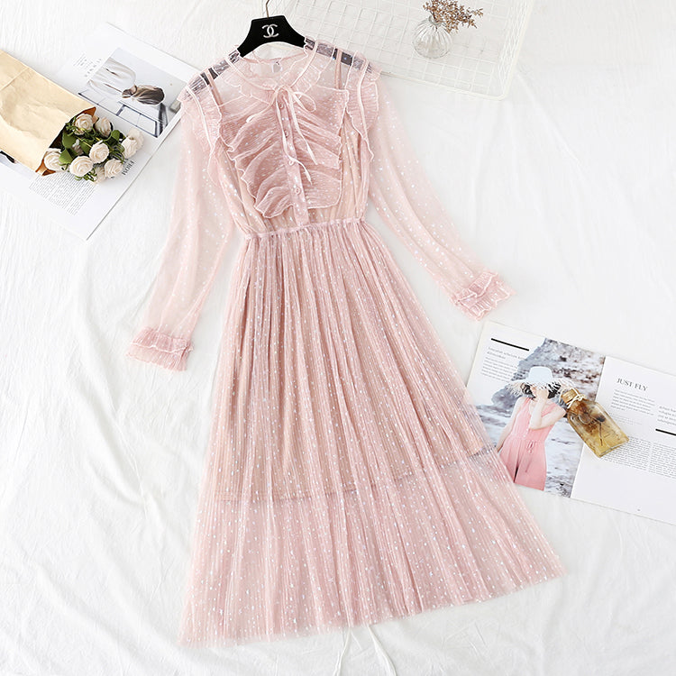 Fairy gauze French retro star Sequin long skirt  3958