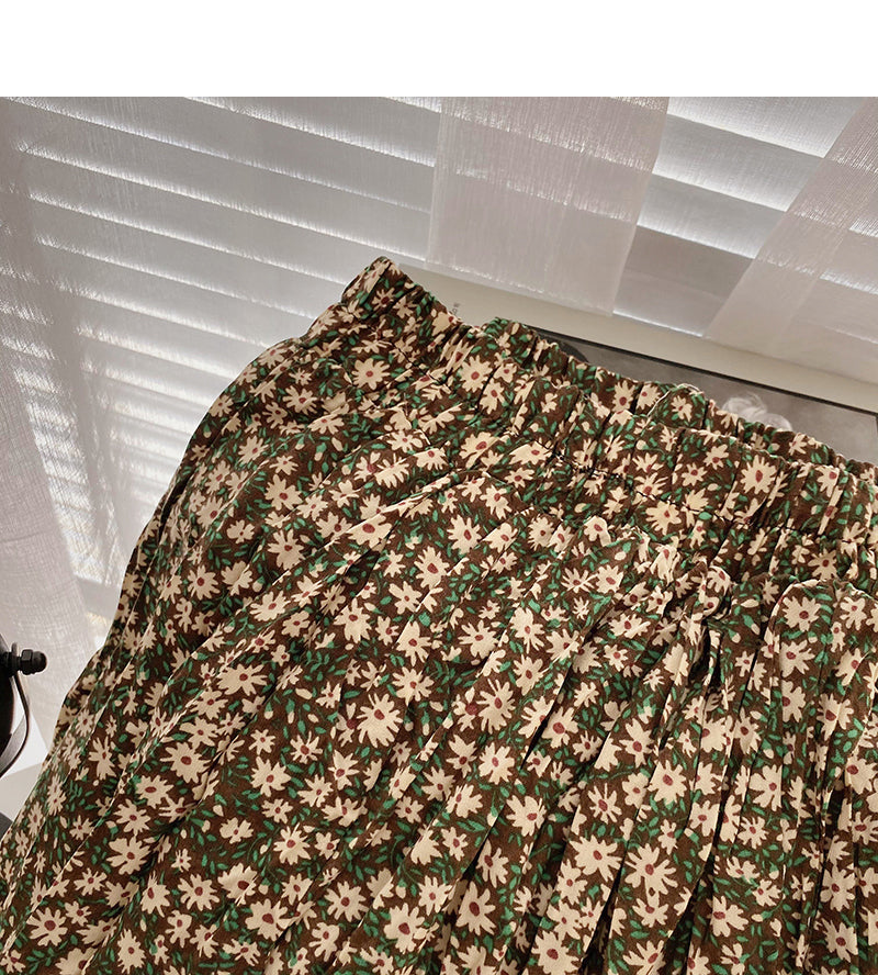 Hong Kong style retro floral high waist elastic A-shaped large swing skirt  5738