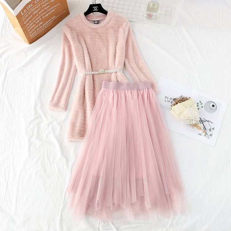 New mink sweater + women's mesh half skirt two-piece set  4310