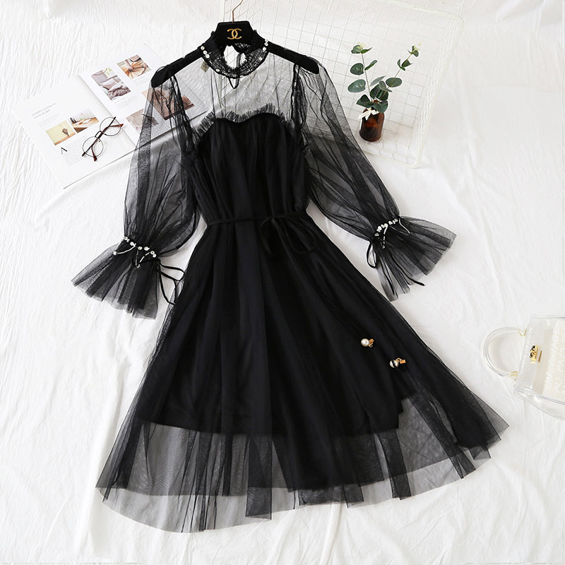Mesh dress with Beaded long sleeve lace  4307