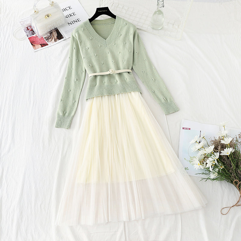 New gentle sweater with mesh suspender skirt two-piece set  4552