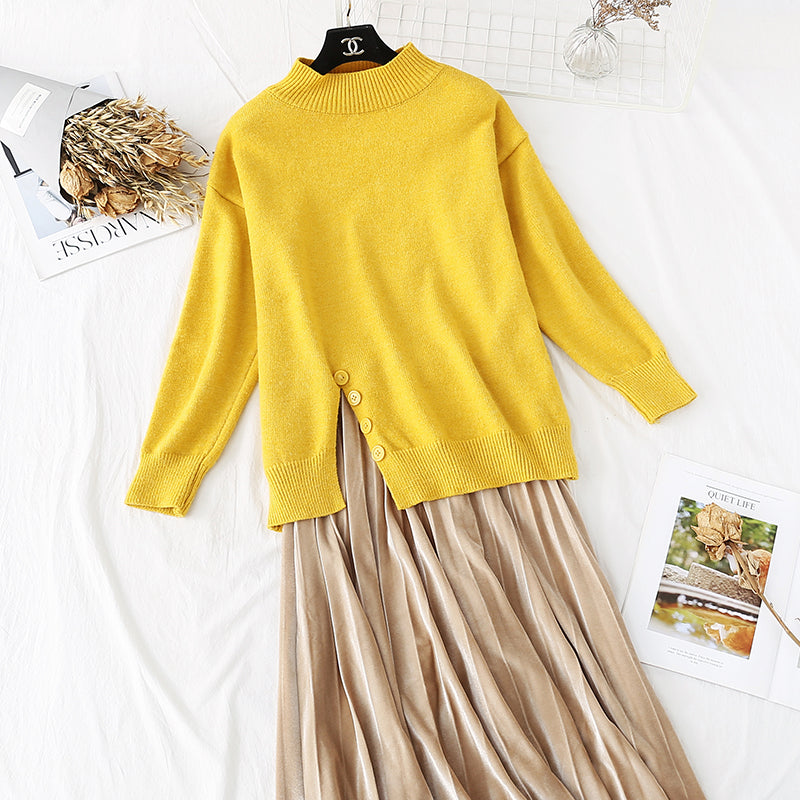 Split sweater + golden velvet skirt suit two-piece set  3977