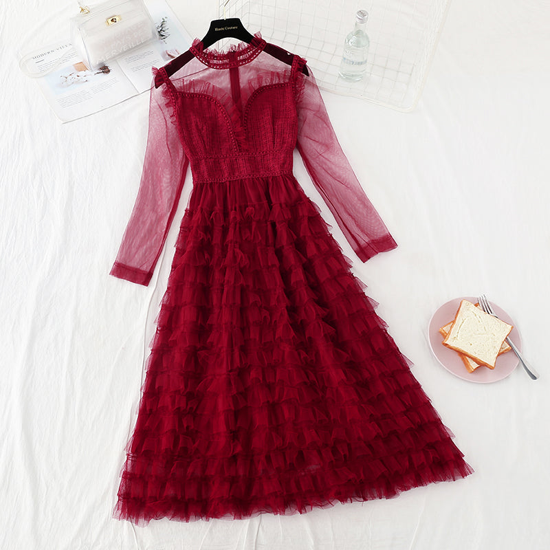 Mesh lace dress small fragrance layer upon layer cake long skirt  4294