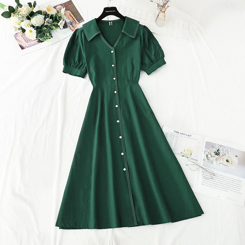 V-neck temperament, slim waist, tea break retro dress  4265