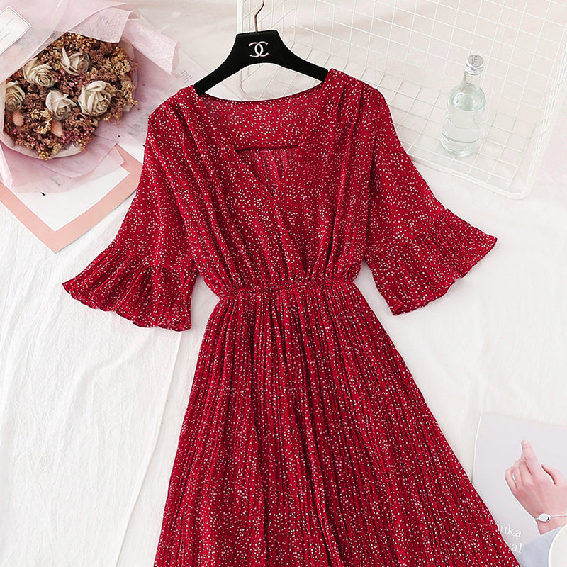 New French retro super fairy red Pleated Chiffon Long Skirt  4526