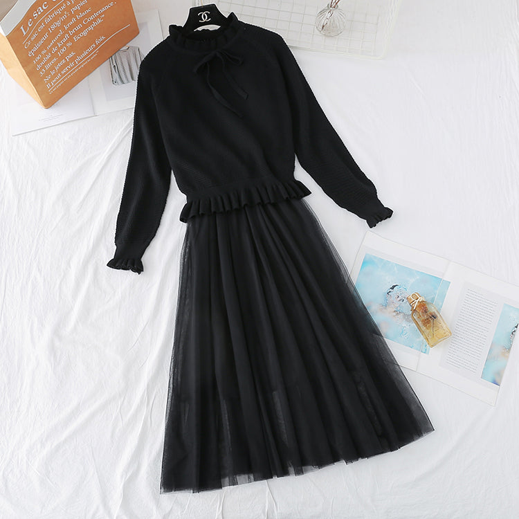 Flounced suspender mesh knitted dress  3946