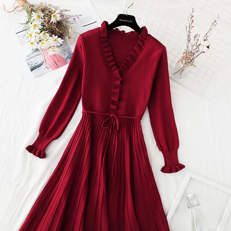 New slim lace up knitted skirt over the knee with temperament Christmas skirt  4801