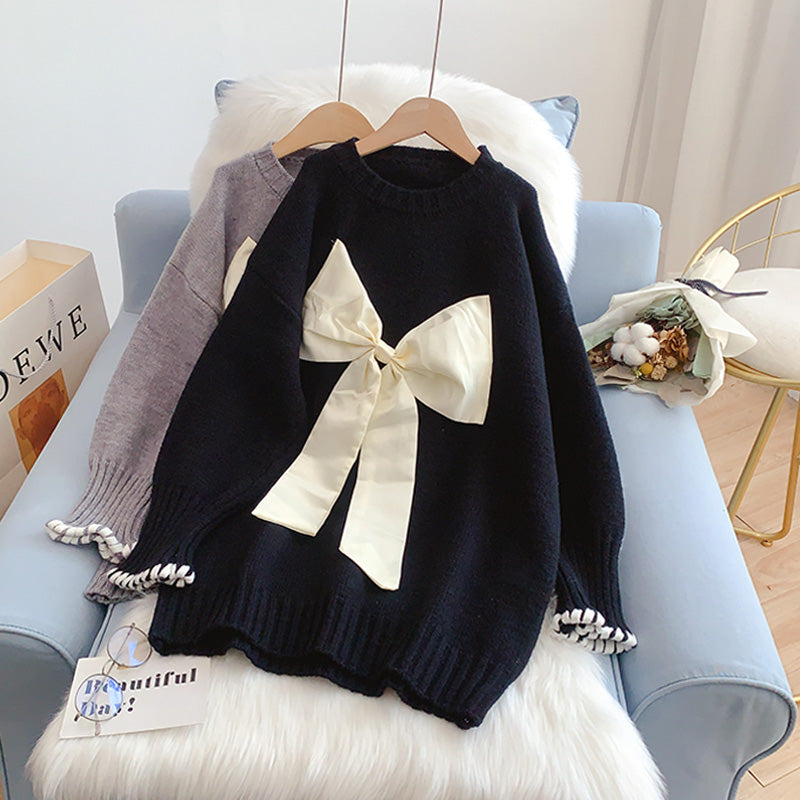 Bow sweater lazy knit bottomed shirt  5004