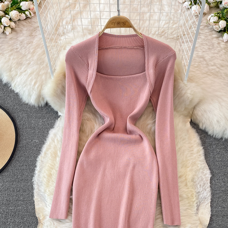 Square neck tight elastic knitted dress  3758