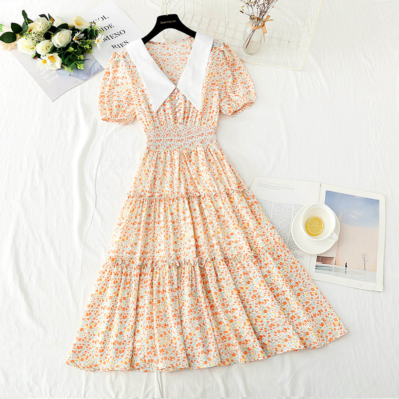 New doll collar skirt bubble sleeve floral medium length skirt  4877