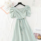 One piece dress with slim waist Cotton Linen Skirt French dress  4171