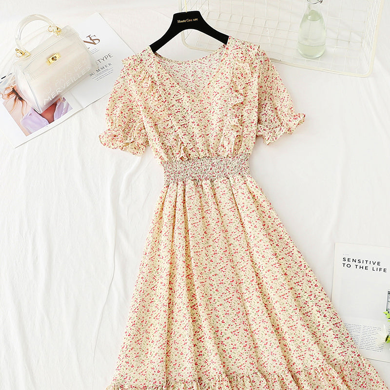 New French gentle style V-neck fungus edge Chiffon temperament small skirt  4858