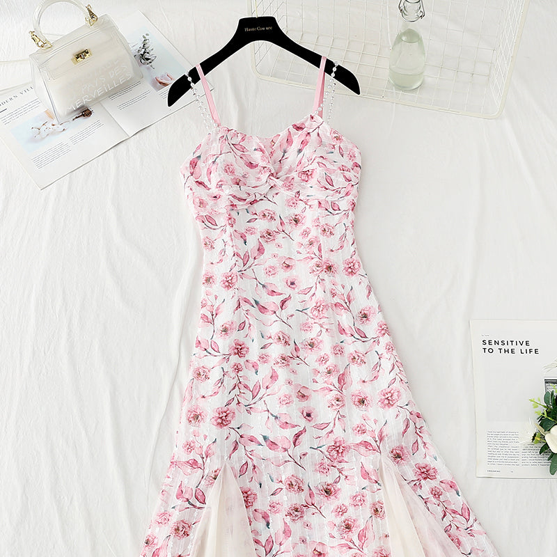 Design sense niche purple fishtail skirt Chiffon floral suspender dress  4409