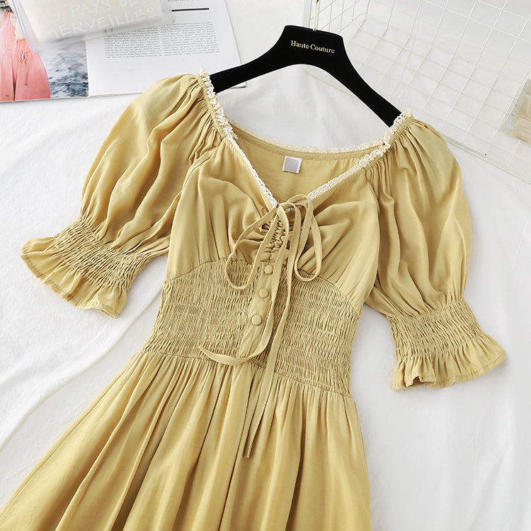 New style bubble sleeve length French retro skirt with slim waist  4695