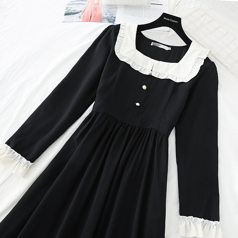 Ruffled baby collar French small black skirt long style  3834