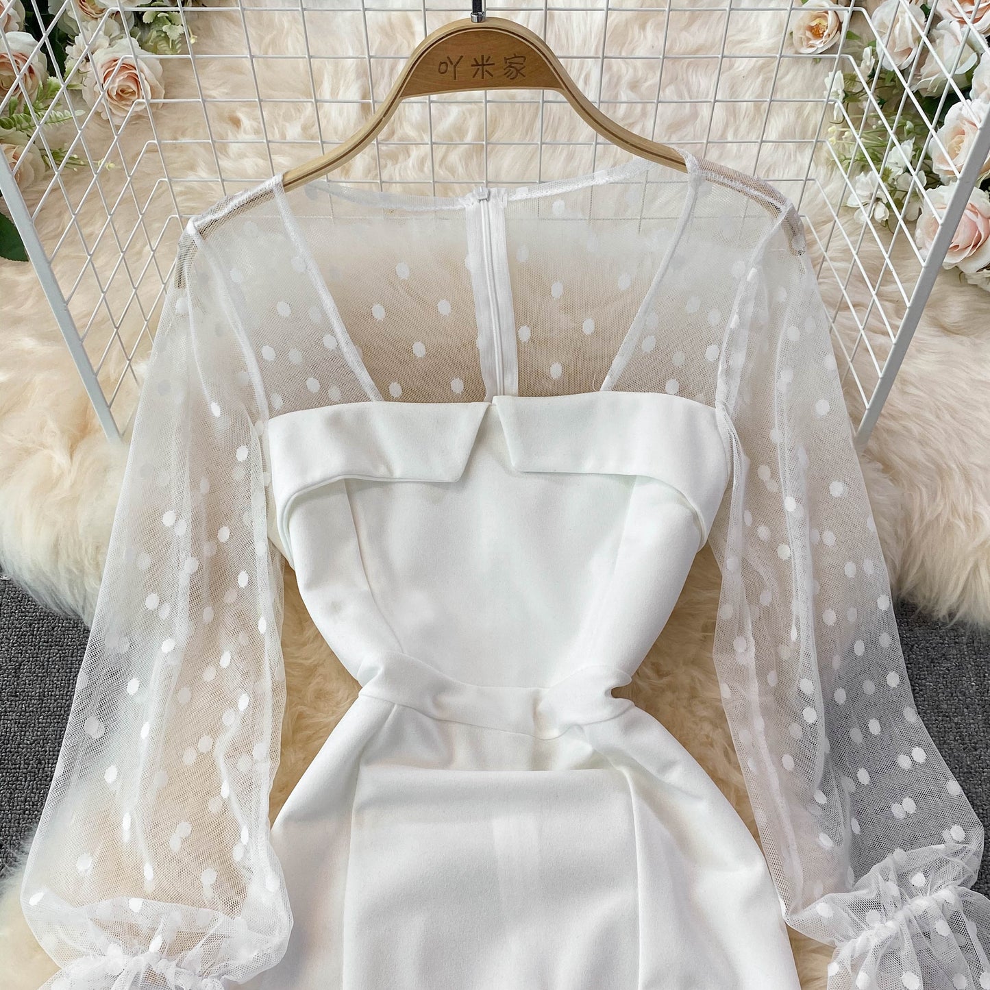 Fashion mesh wave point splicing square neck temperament retro dress  3775