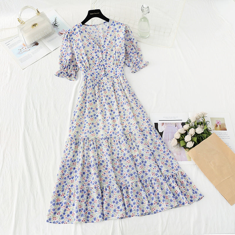 New French sweet temperament skirt V-neck slim skirt  4871