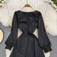 Kleid mit eckigem Ausschnitt und Blasenärmeln, schwarzer kleiner ausländischer Rock 3789