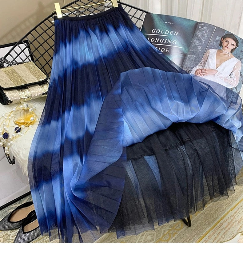 Nouvelle jupe en gaze, jupe plissée à rayures de couleurs contrastées, jupe midi verticale avec dégradé de couleurs 3677