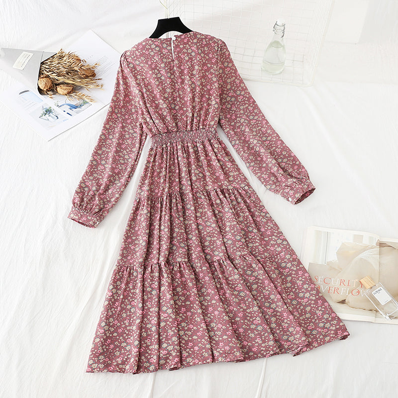 V-neck elastic waist covering belly, thin broken flower bottomed skirt  4057