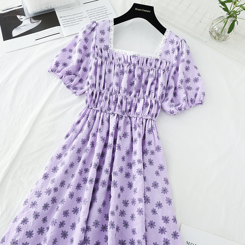 New style square neck Floral Chiffon Skirt French waist closing slim skirt  4675