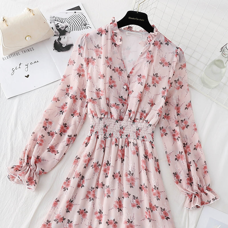 New female V Neck elastic waist Floral Dress Chiffon Skirt  4813