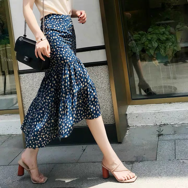 Jupe sirène taille haute à imprimé romantique et à pois irréguliers 3639