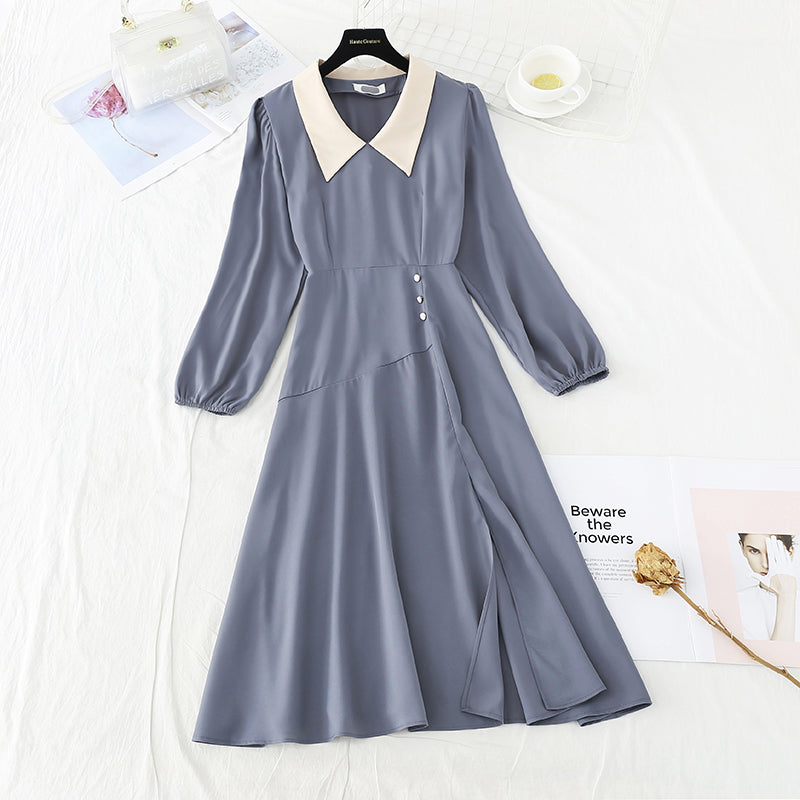 Narrow waist and slim temperament French retro care machine split skirt  3873