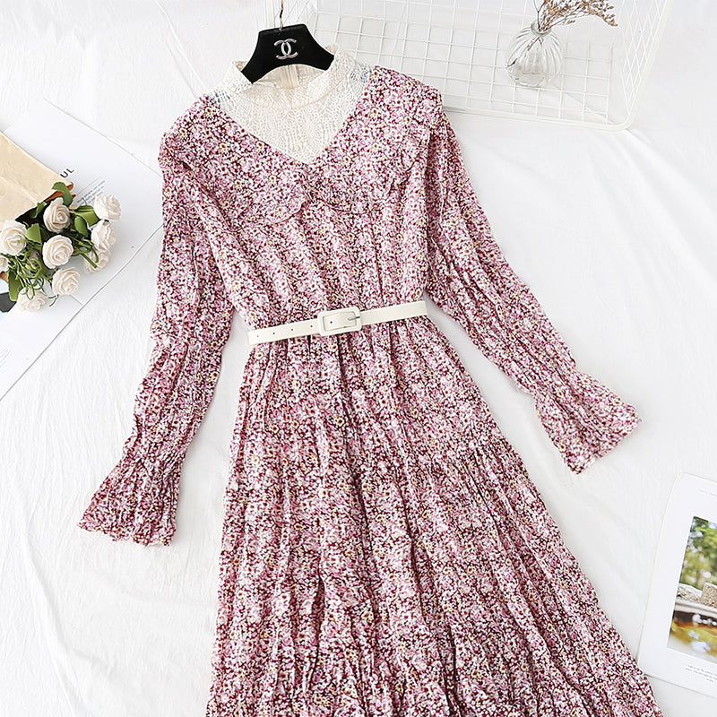 Floral Chiffon Dress Lace Collar fake two-piece bottom skirt  4006