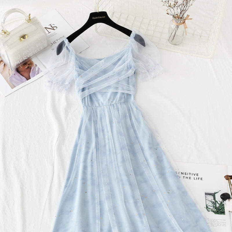 French long dress square neck bubble sleeve fairy skirt  4419