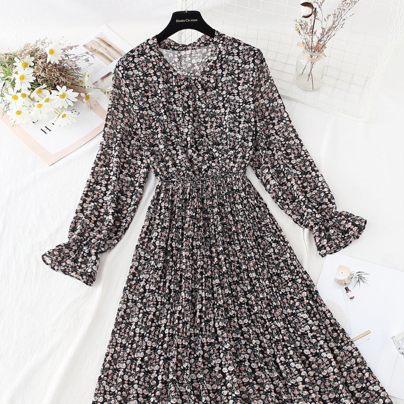 Chiffon bow pleated skirt elastic waist temperament thin age reducing Floral Dress  4087