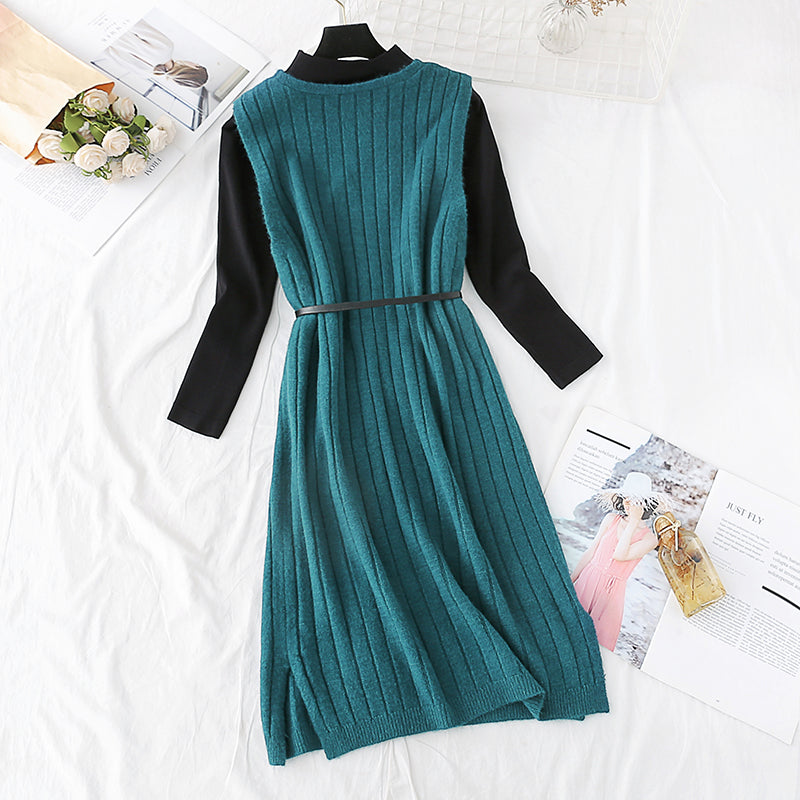 Bottomed shirt + knee length woolen dress set  4461