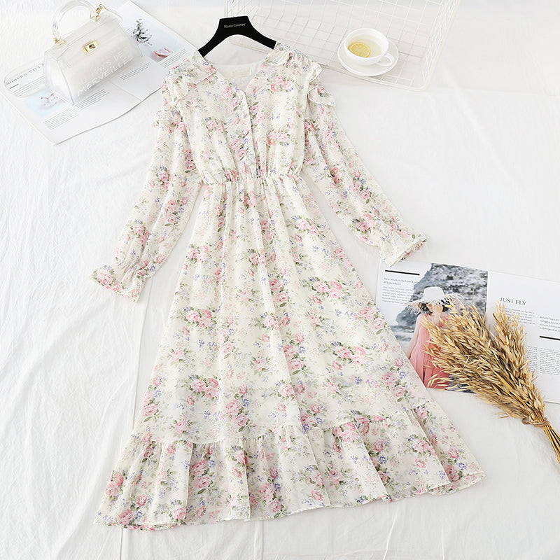 Robe rétro française à manches longues en mousseline de soie 3833