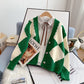 Vintage rhombic contrast cardigan sweater knitted jacket  5242
