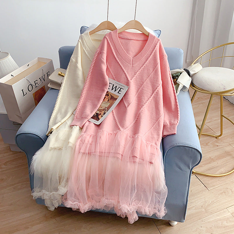 Mesh stitched loose long wool dress  4941