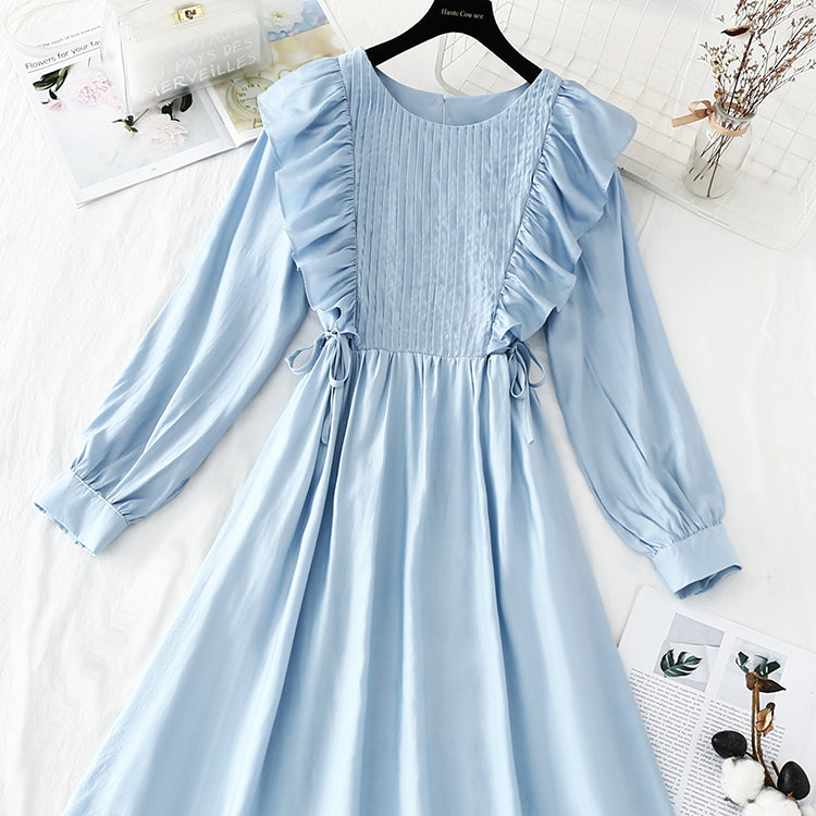 Long sleeved white dress French simple temperament  4225