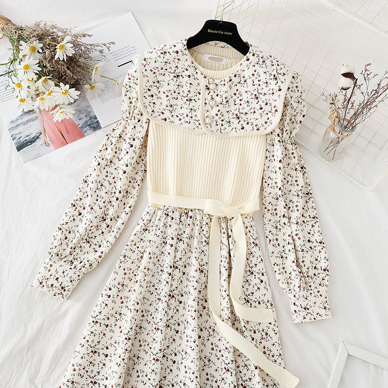 Lapel patchwork floral dress versatile aging skirt  4070