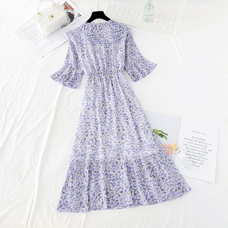 New sweet college broken Flower Chiffon French retro dress  4518