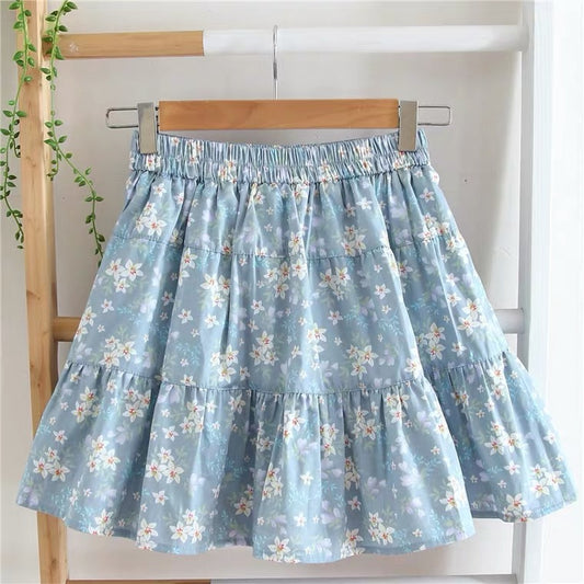 Floral skirt, new style, cotton and linen, small fresh, preppy style, high waist pleated skirt  3586