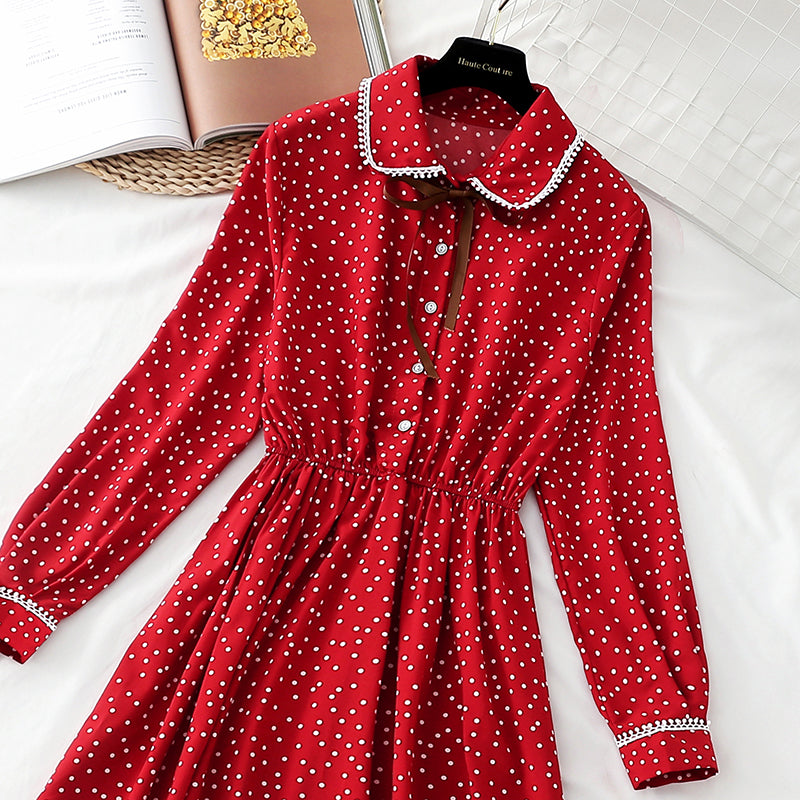 Sweet age reducing thin bow college snow spinning dress  3890